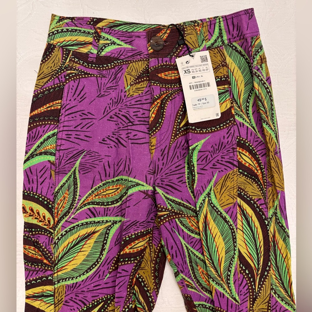 Zara Purple and Green Leaf Print Pants